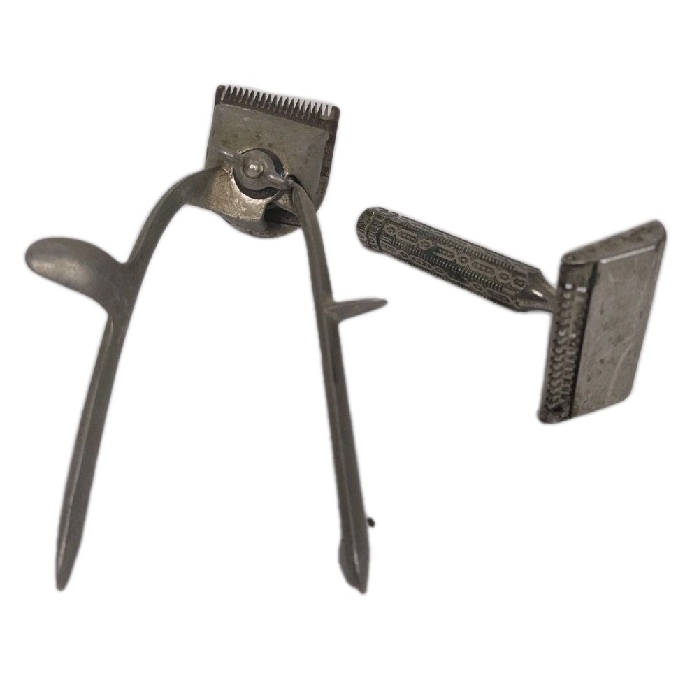 Vintage John Oster Model 105 Manual Hair Clippers Barber USA & 1920's Razor Set